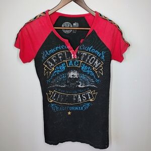 Affliction Top Womens Small Black Red Live Fast Graphic Skull Biker Bikercore